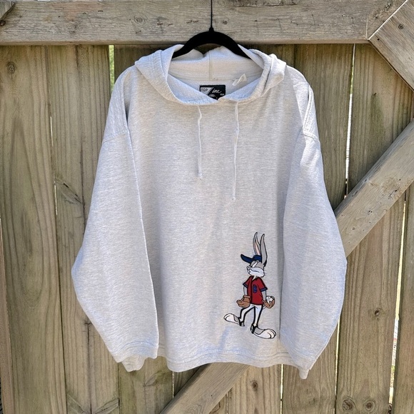 Vintage Top Line Embroidered Buggs Bunny Baseball Light Grey Hoodie Sweater - Picture 1 of 11